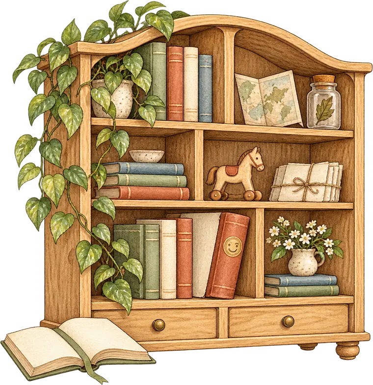 O bibliotecă de lemn cu cărți, un căluț de jucărie și o plantă agățătoare